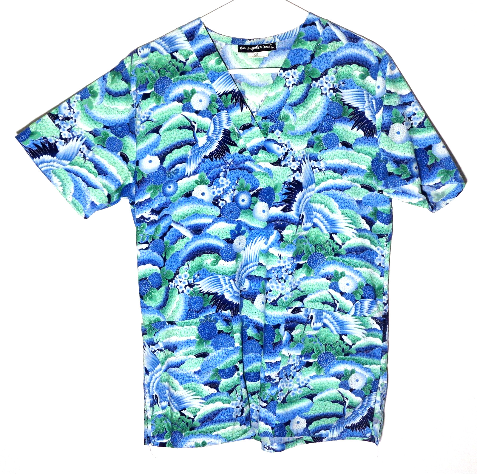 Women’s Cotton, Blue/Green, Oriental Design Scrub Top in Size XS