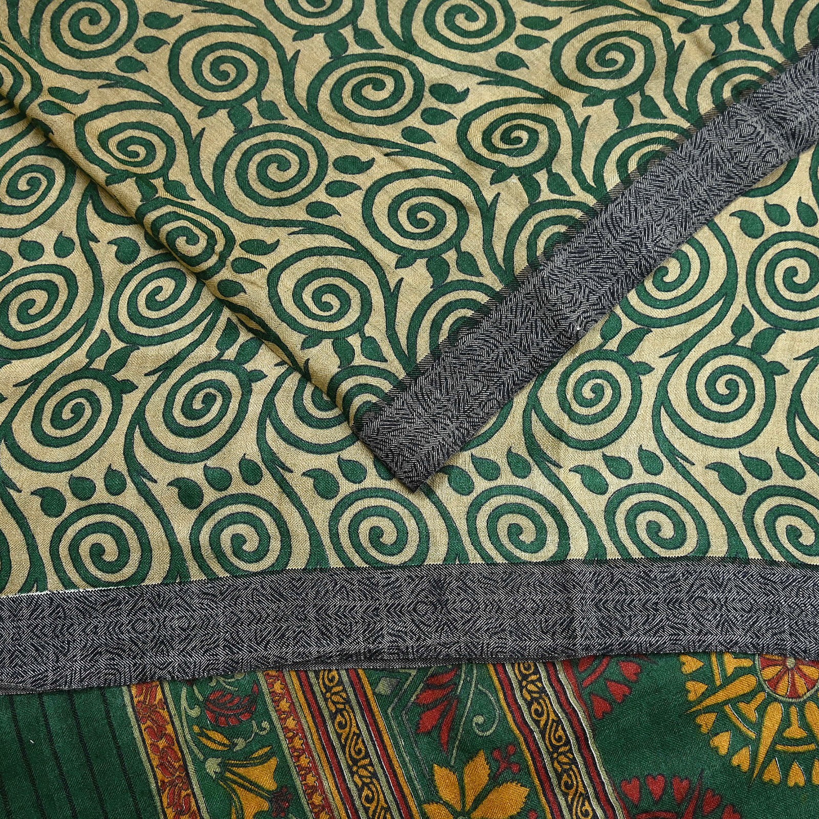 Vintage Beige Green Wool Saree Indian Pure Wool Floral Woven Fabric 6 Yard Soft