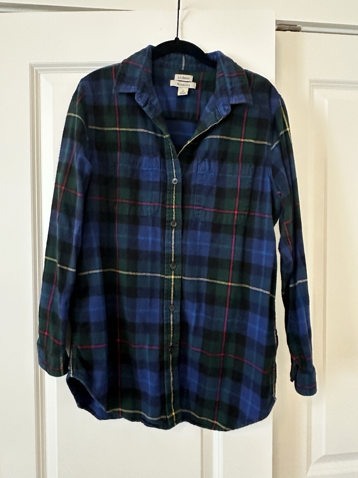 L.L. Bean Women’s Flannel Shirt Button-Up, Plaid Green/Blue/Yellow, Size S