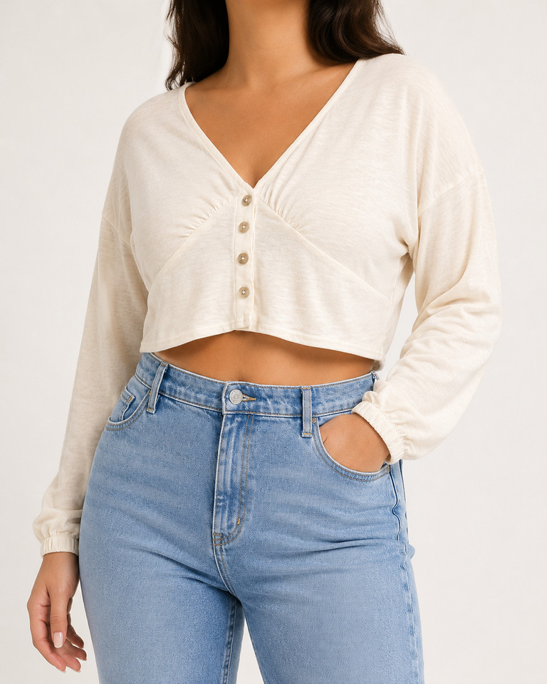 Madewell Cream Knit Cropped Sweater Womens XL Babydoll V-Neck Boho Milkmaid
