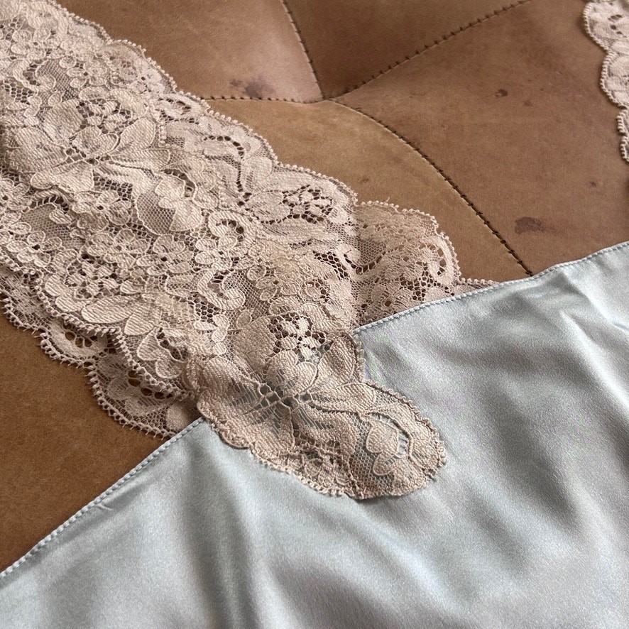 Silk Lace Trim Cami Tank Top Soft Blue Lingerie Inspired Coquette Layering L
