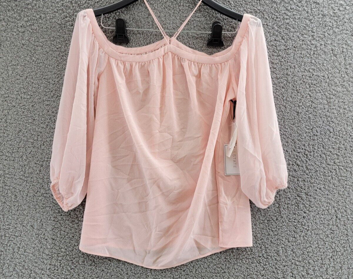 1.STATE Off-The-Shoulder Halter Neck Blouse Women’s S Pink Taffeta Long Sleeve