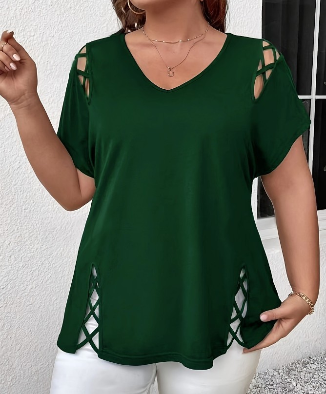 Plus Size V Neck Cutout Short Sleeve Tee Crisscross Casual Summer Top 0XL-5XL