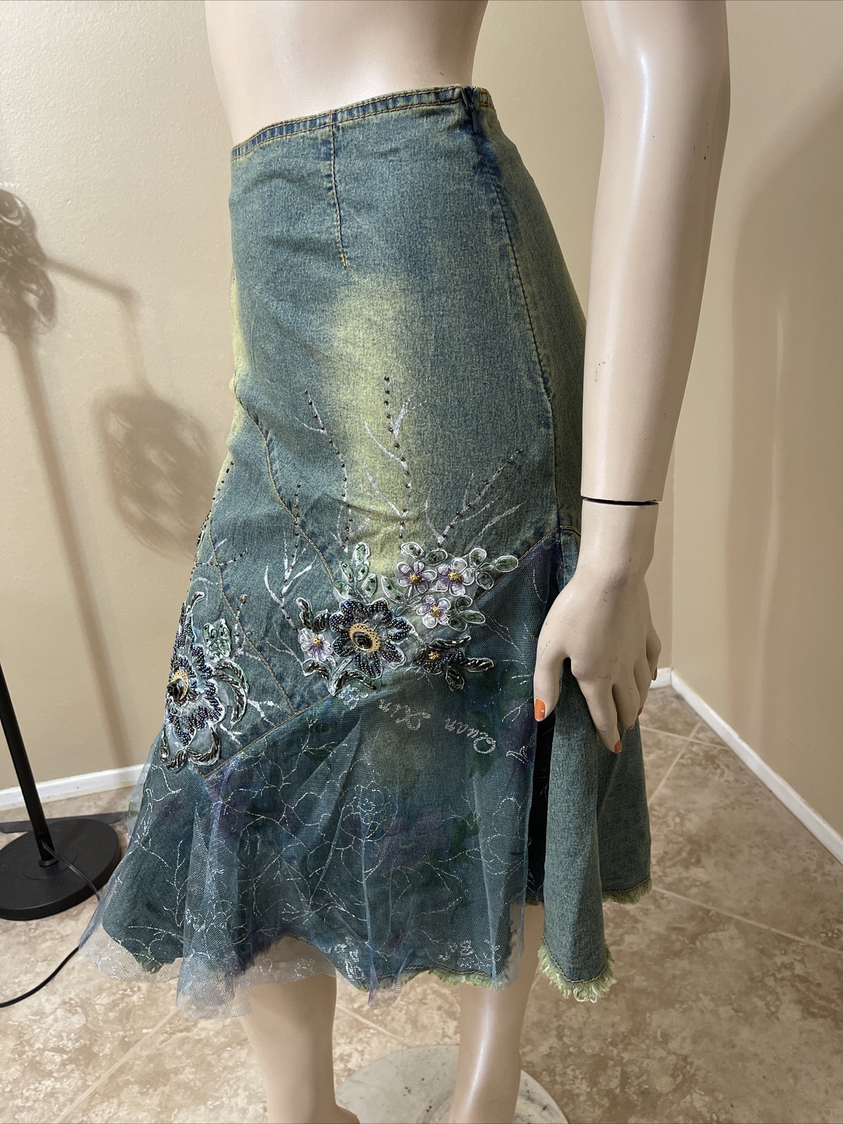 Women’s Aquamarine Denim Cotton Boho Beads Lace Stretch Size L(8-10) Skirt 3256