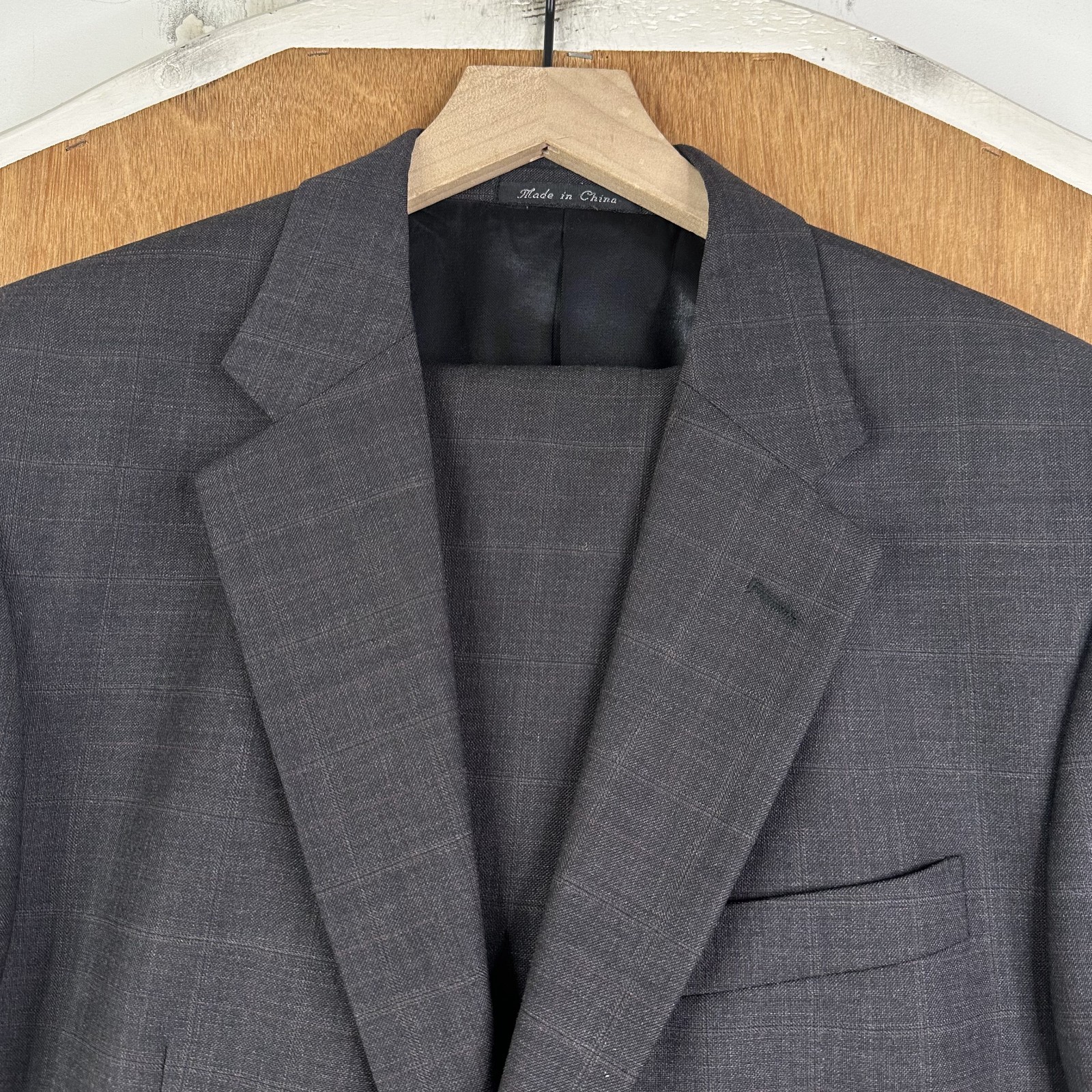 Bespoke Suit Mens 42R Gray WIndowpane 2 Button 100% Wool Pants 36×30 Pleated