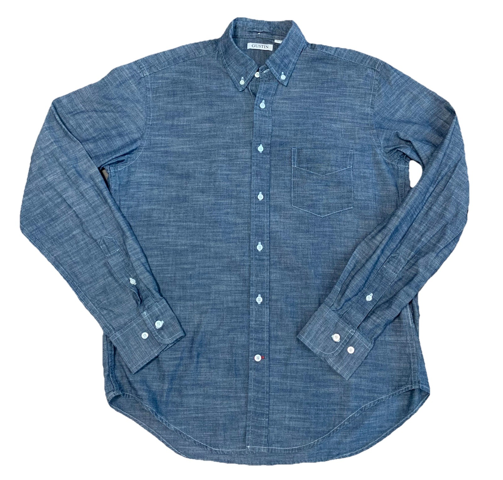 EUC Gustin Chambray Button Down Shirt Mens L USA Made Long Sleeve 100% Cotton