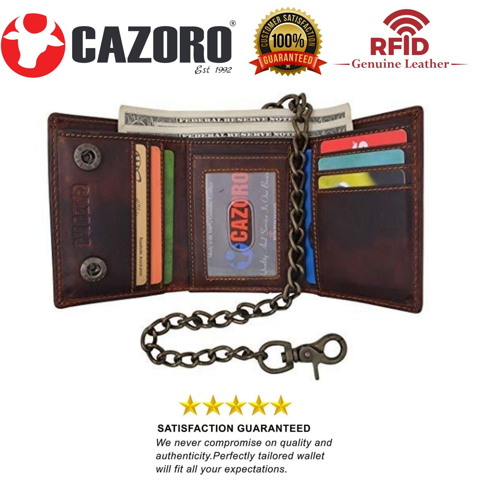 RFID Blocking Men’s Tri-fold Vintage Leather Biker Chain Wallet With Snap Closur