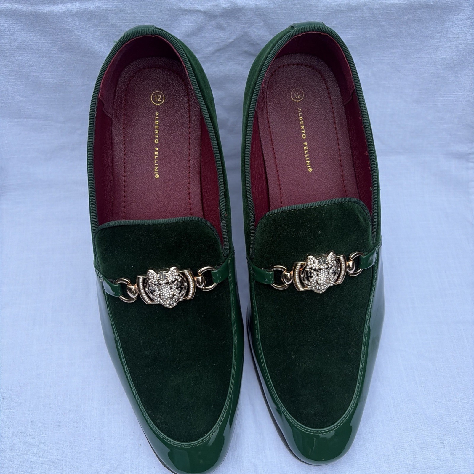 Alberto Fellini Men’s Green Velvet Loafers Size 12 Patent Leather Tiger Horsebit