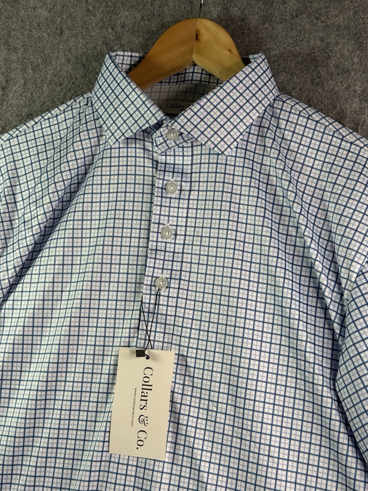 Collars & Co Dress Collar Polo Shirt Mens Large Blue & White Plaid Tattersall