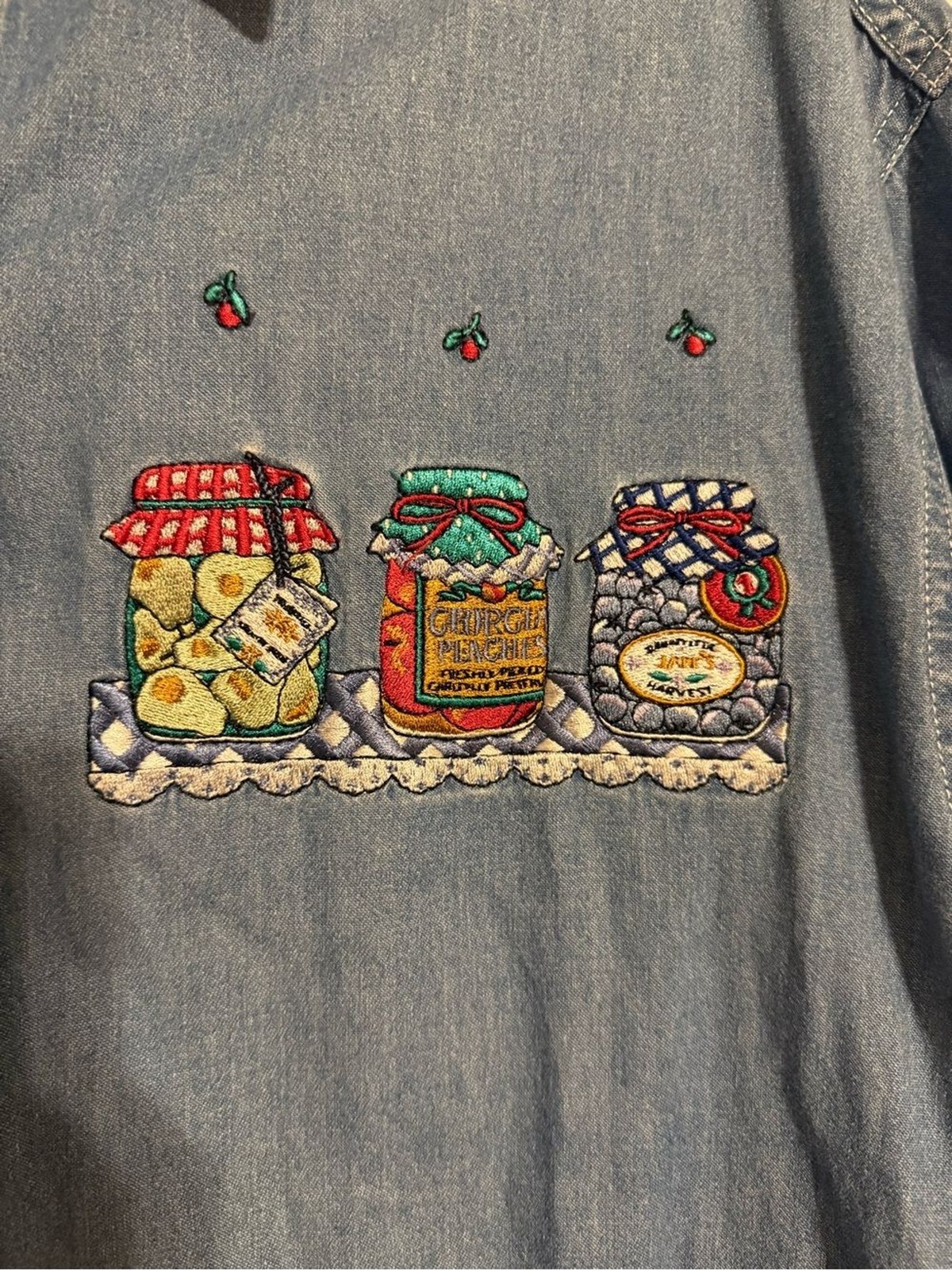 Vintage Bobbie Brooks Womens XL Denim Shirt Embroidered Canning Jars Jam Peaches
