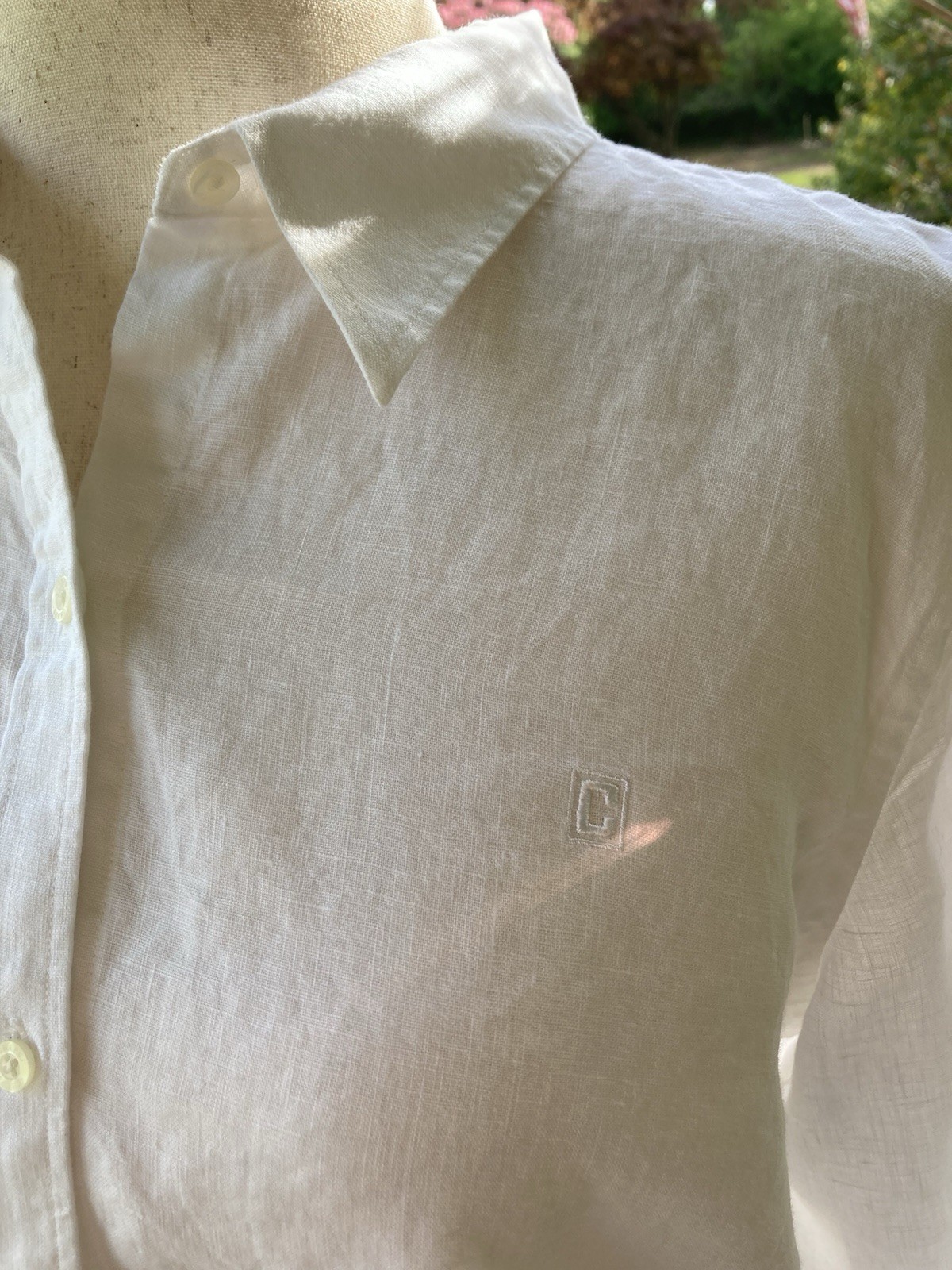 Chaps *Logo* White Button Up Collared Blouse 100% Linen SZ XL 3/4 Split Sleeve