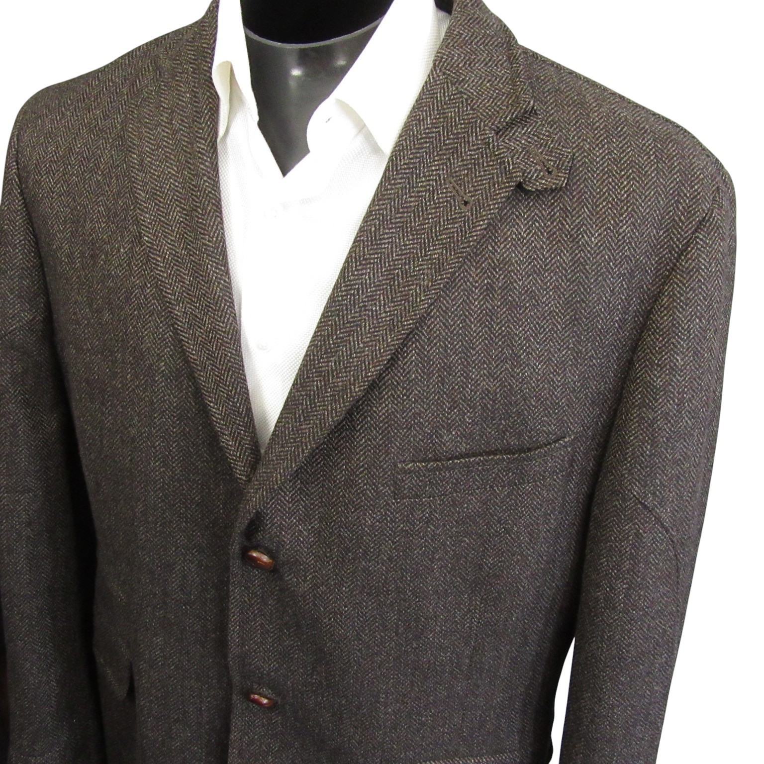 Kroon Tweed Sport Coat 46L 3 Button Brown Herringbone Throat Latch Double Vent