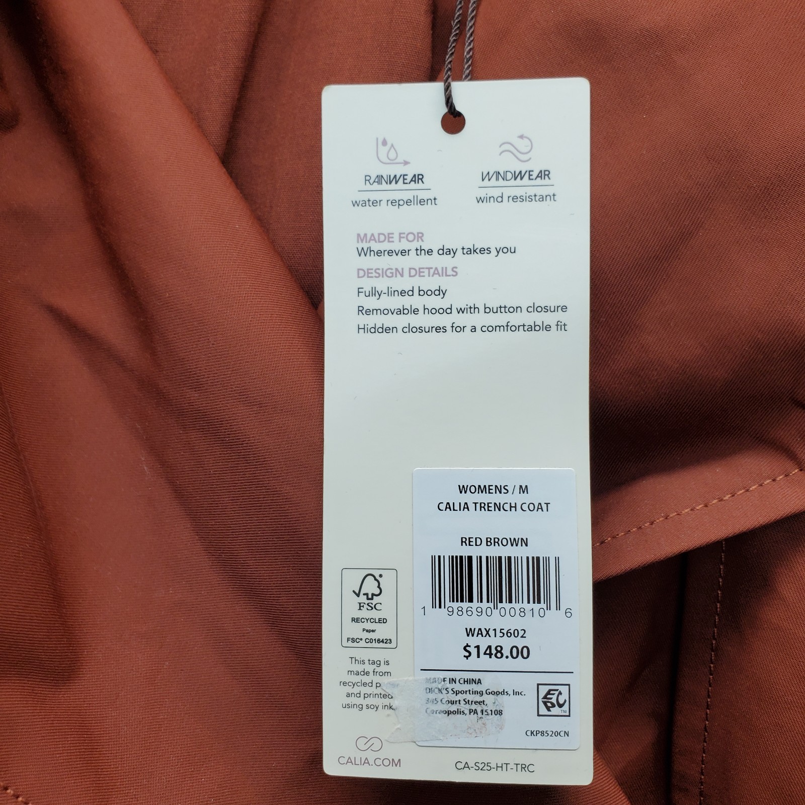 CALIA Rain Wind Trench Coat Womens Medium Brown Water Repellent Removable Hood