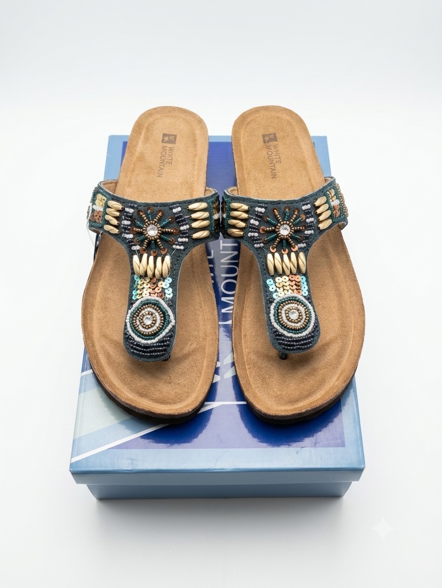 White Mountain Brilliant Beaded Leather Wedge Sandals NWT