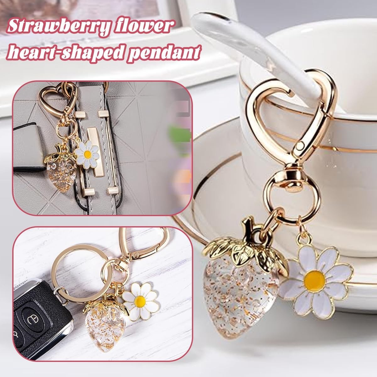 Strawberry White Pink Red Bag Charm Keychain for Purse Handbag Women Gift