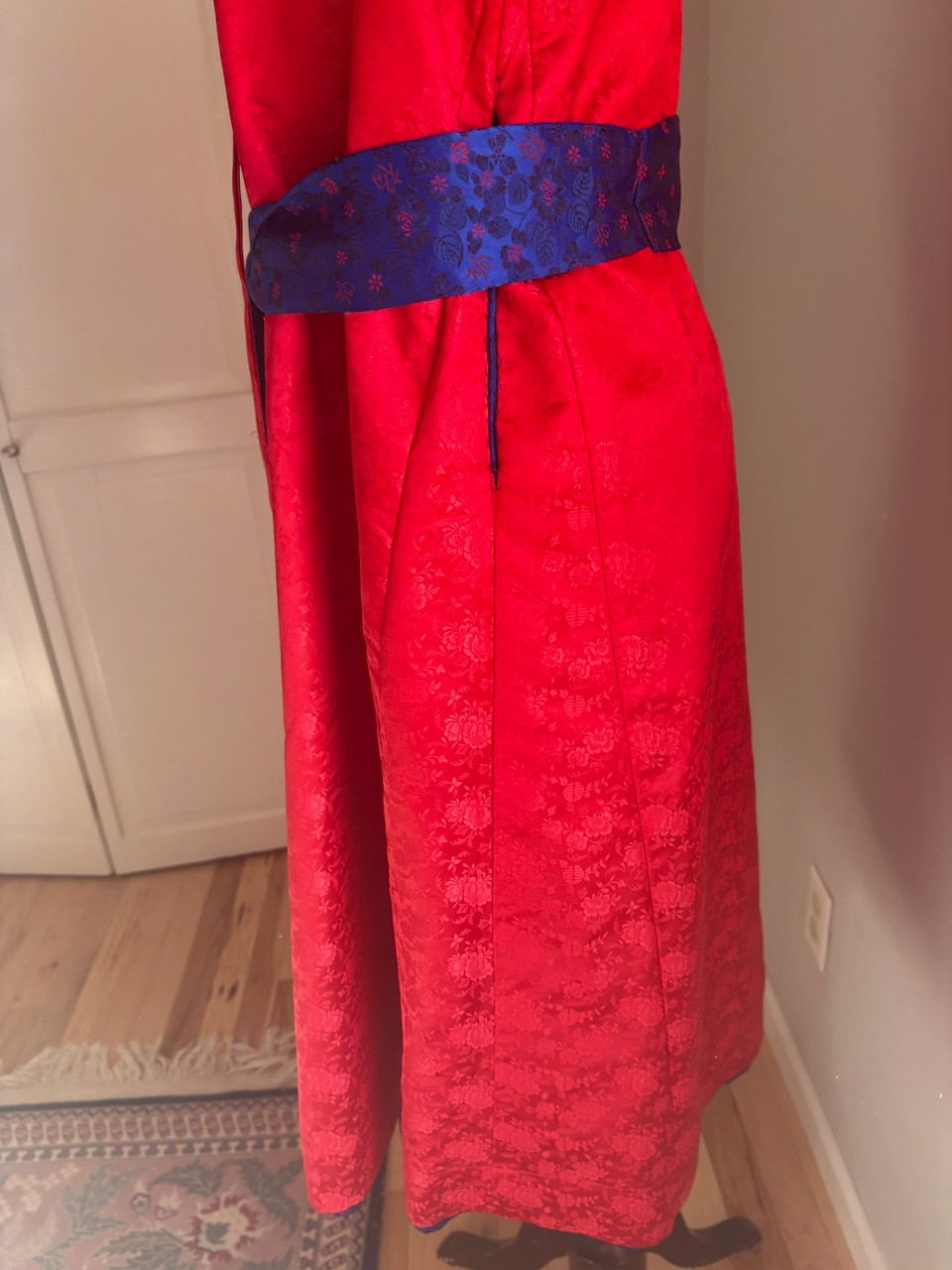 Vintage Korea Red Blue Brocade Embroidered Hanbok Durumagi Overcoat Traditional