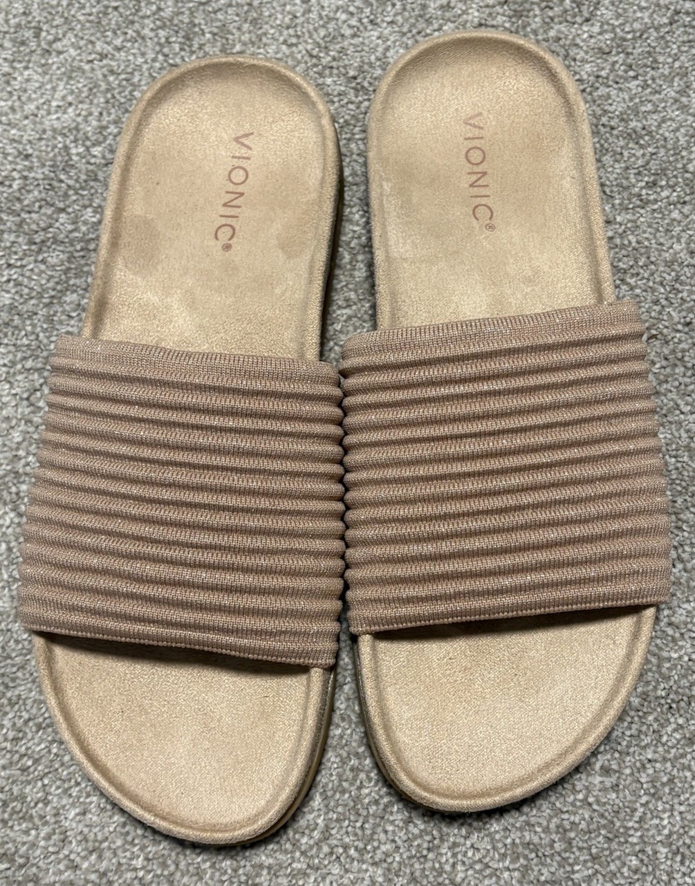 Vionic Evie Supportive Ribbed Knit Slide Sandal Rugby Tan Women 9 Arch Support