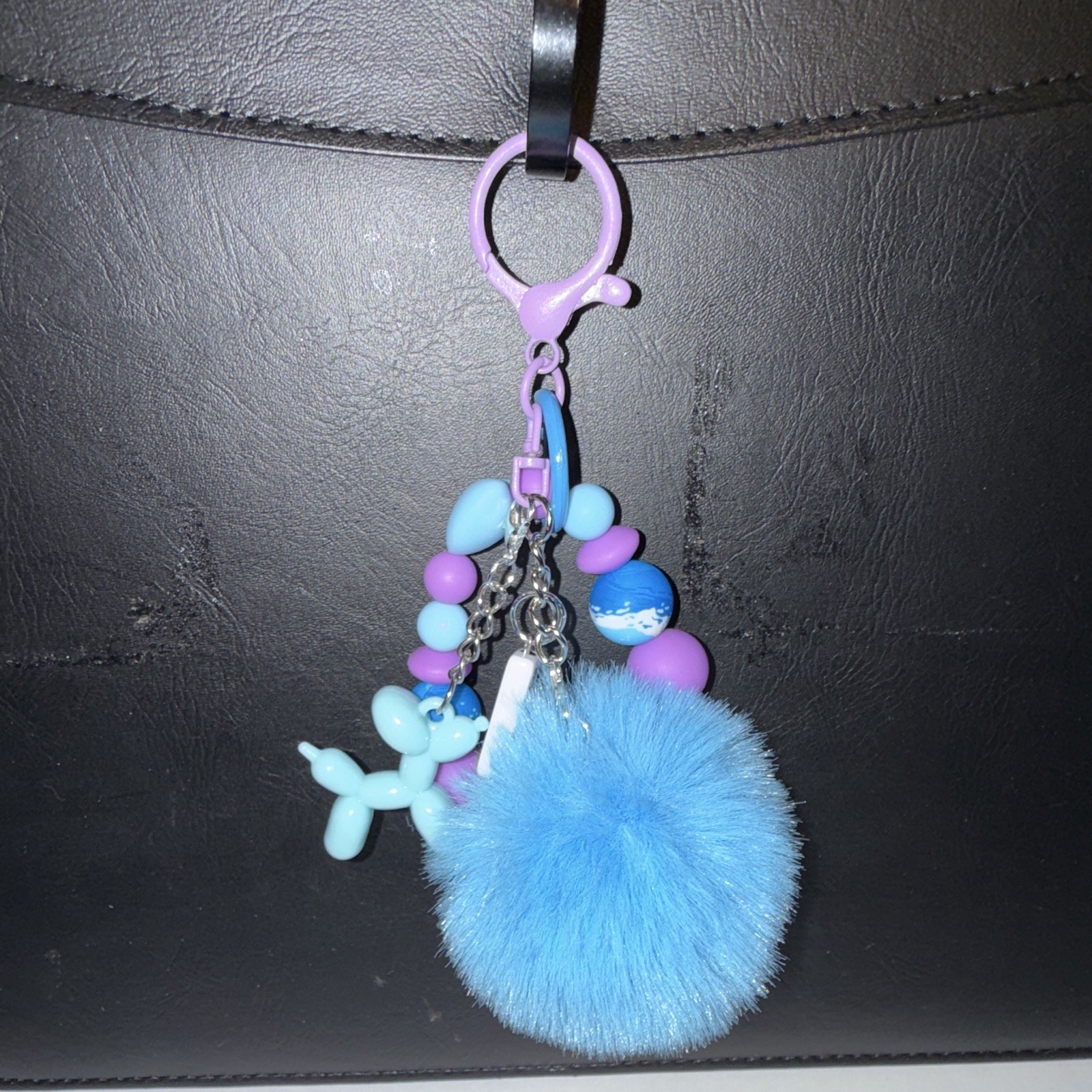 Blue & Purple Beaded Wristlet Key Chain/Bag Charm w/Pom Pom Heart
