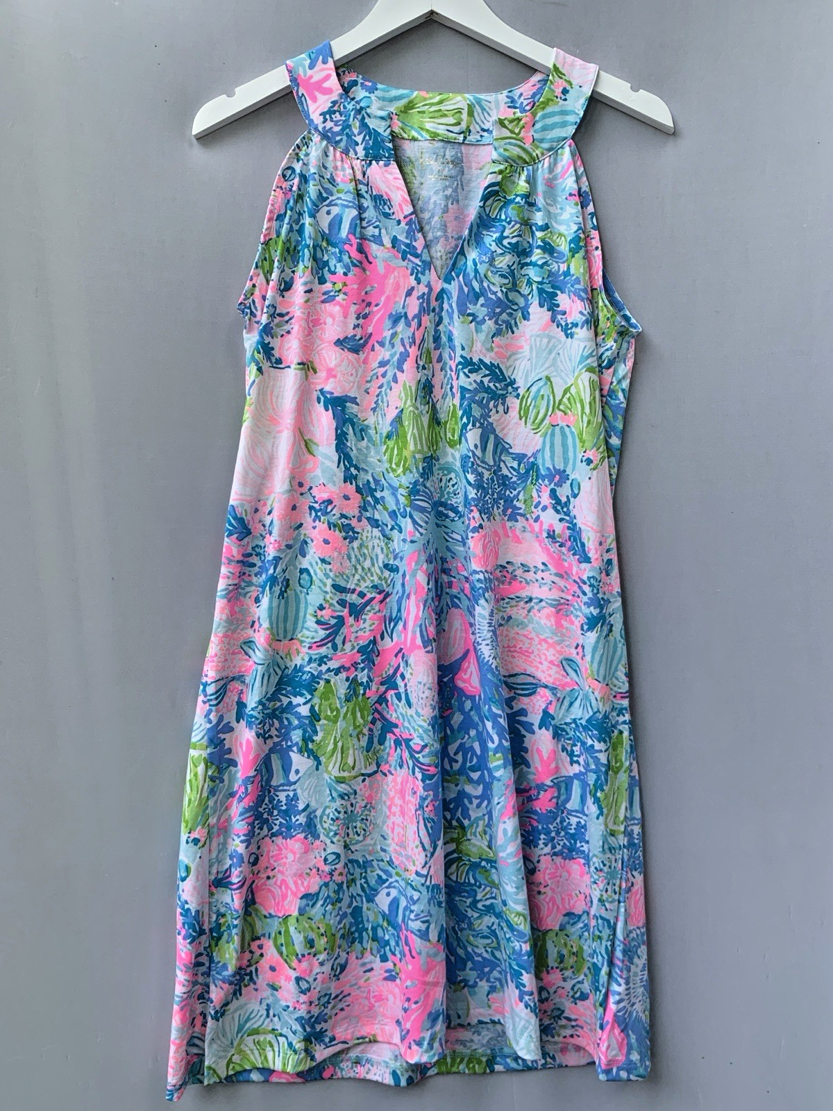 Lilly Pulitzer Dress Large Blue Pink Coral Ross Shift Fished My Wish Sleeveless