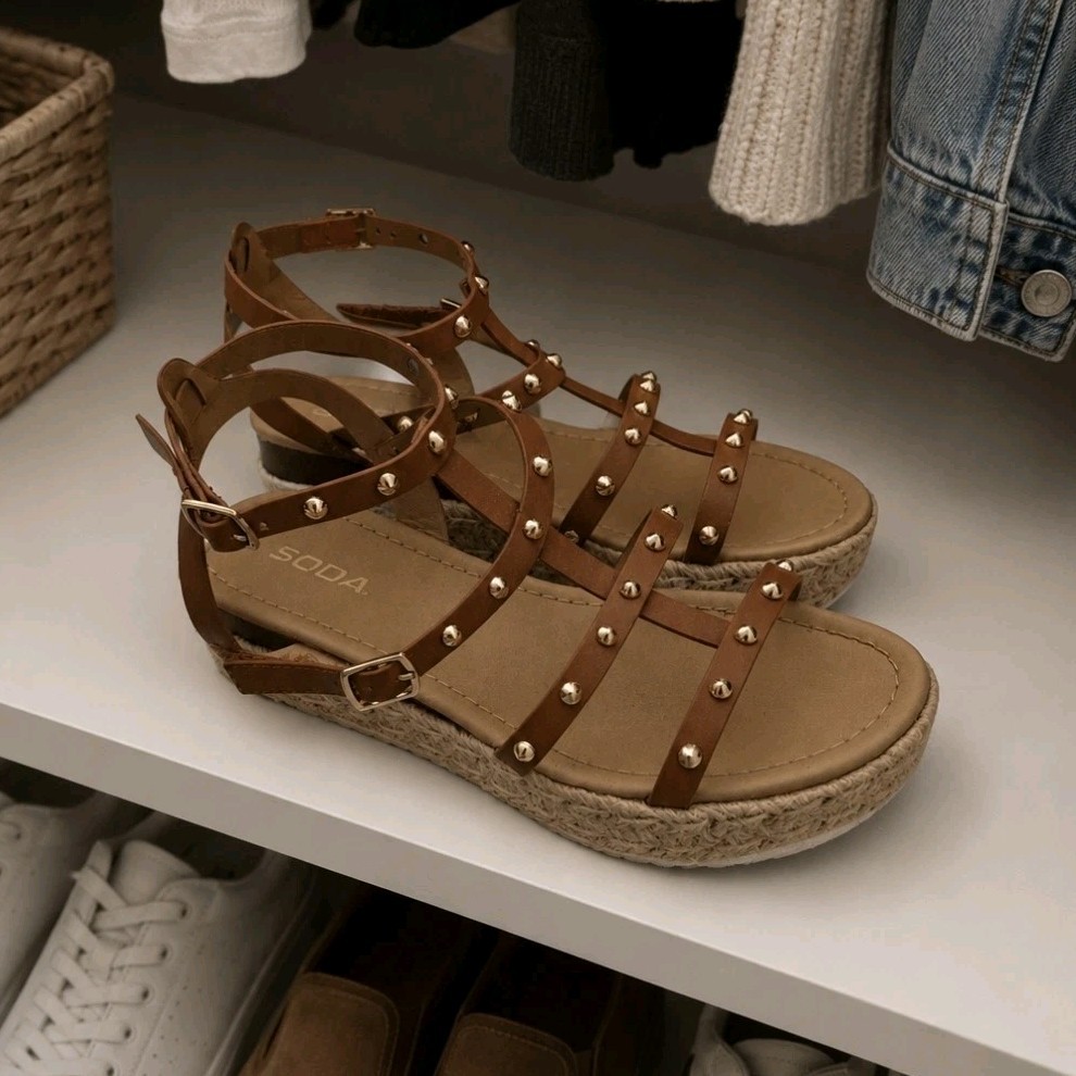SODA Women’s Brown Studded Strappy Ankle Strap Buckle Sandals Size 7