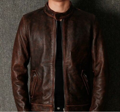 Men’s Café Racer Vintage Distressed Brown Real Leather Biker Classic Jacket