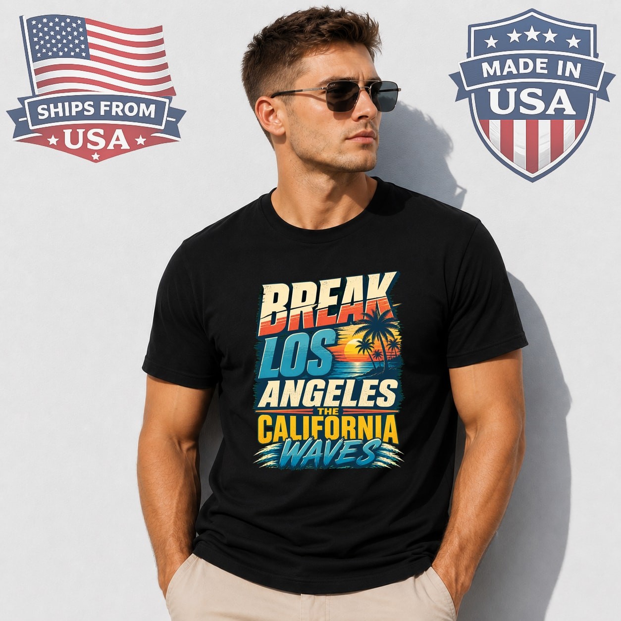 Los Angeles California Waves Graphic T-Shirt Beach Break Design