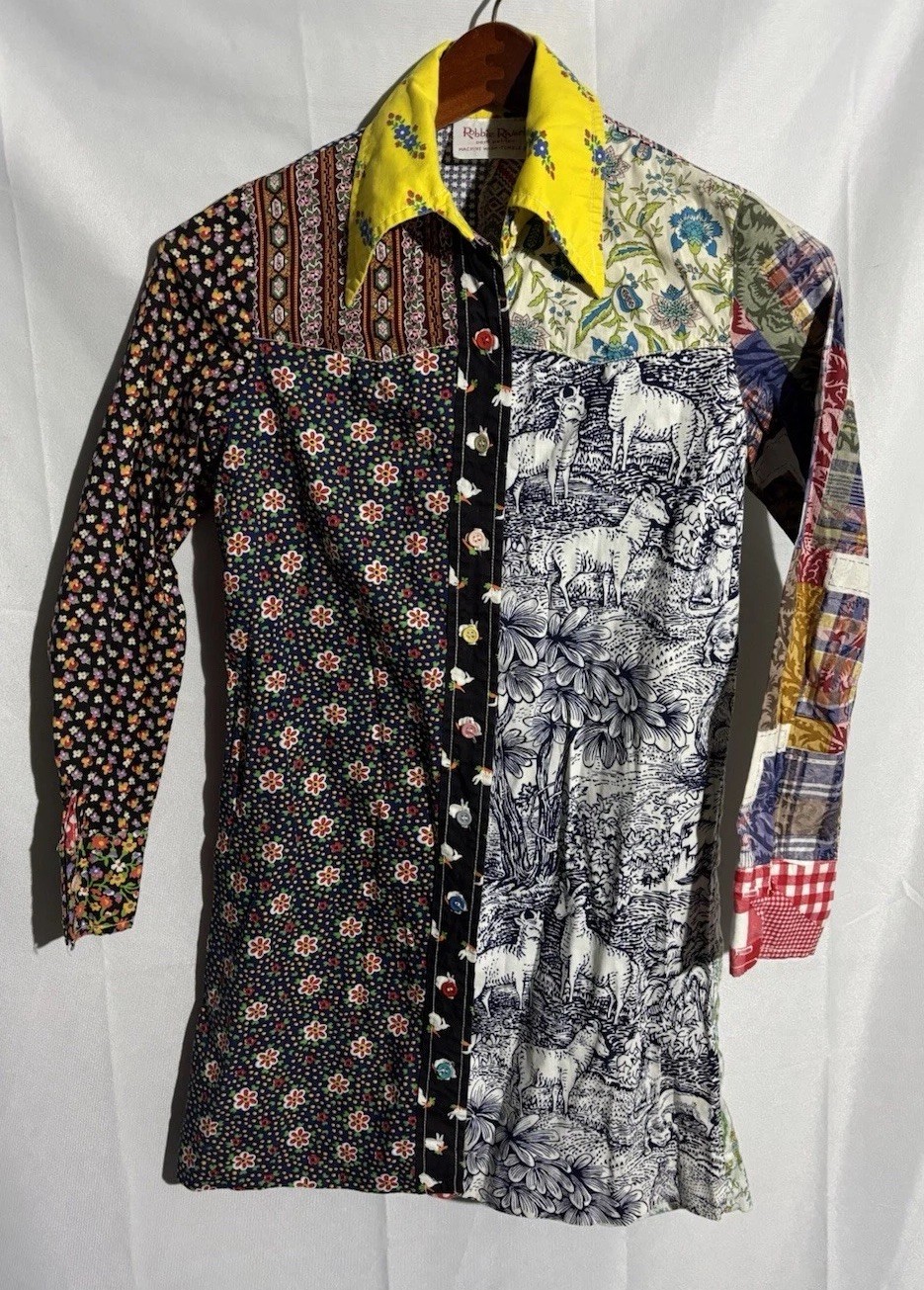Vintage Robbie Rivers petites Sz M Multi Patterned Top GoGo Mini Dress 60s 1960s