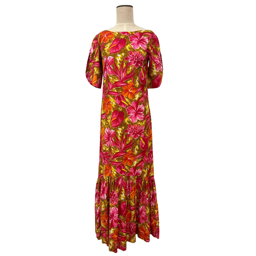 Vintage 1960s Handmade Pink & Orange Tropical Floral Trumpet Pake Muu Maxi Dress