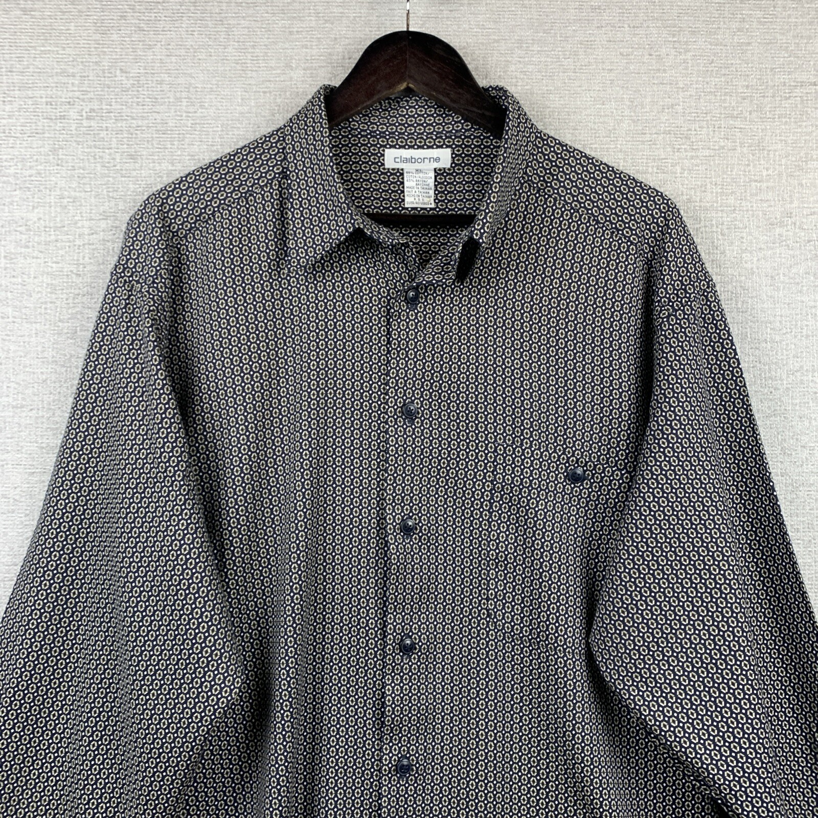 CLAIBORNE Button Up Shirt Men’s Extra Large Black Olive Geometric Modern Casual