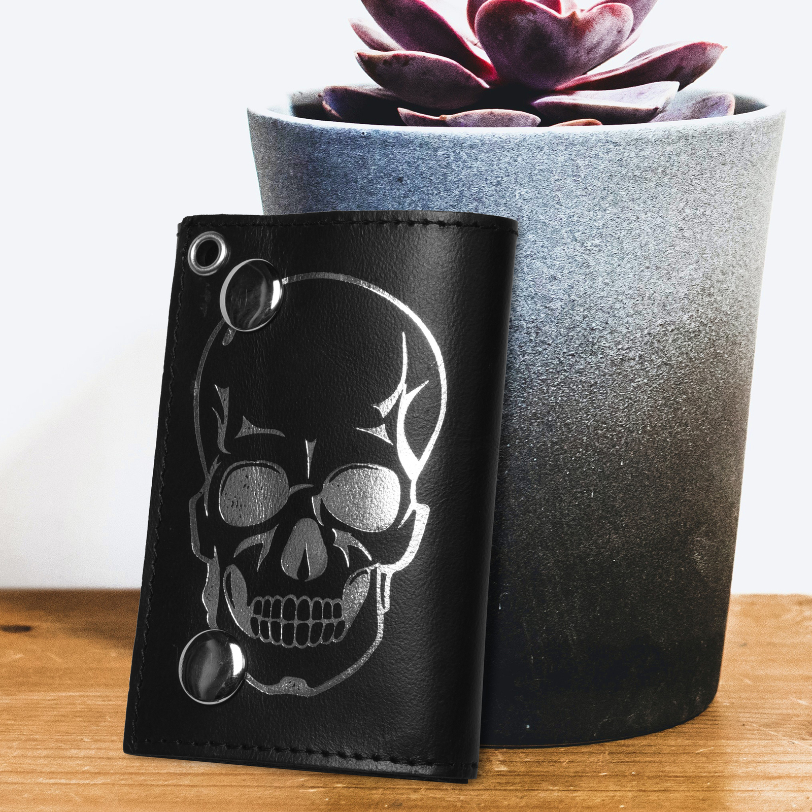 Leatherboss Genuine Leather Men Cool Skull Trifold Wallet Chain Biker, Black