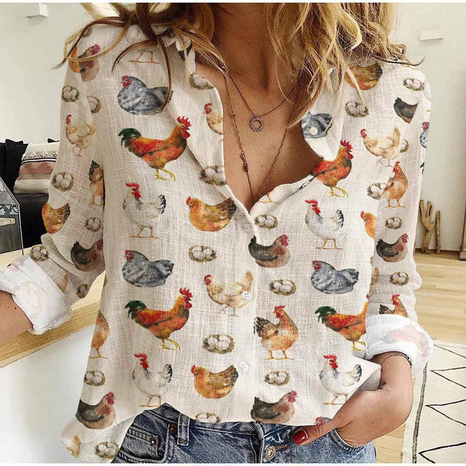 Chicken Blouse Shirt Farm Animal Blouse Shirt Farmer Women Shirt
