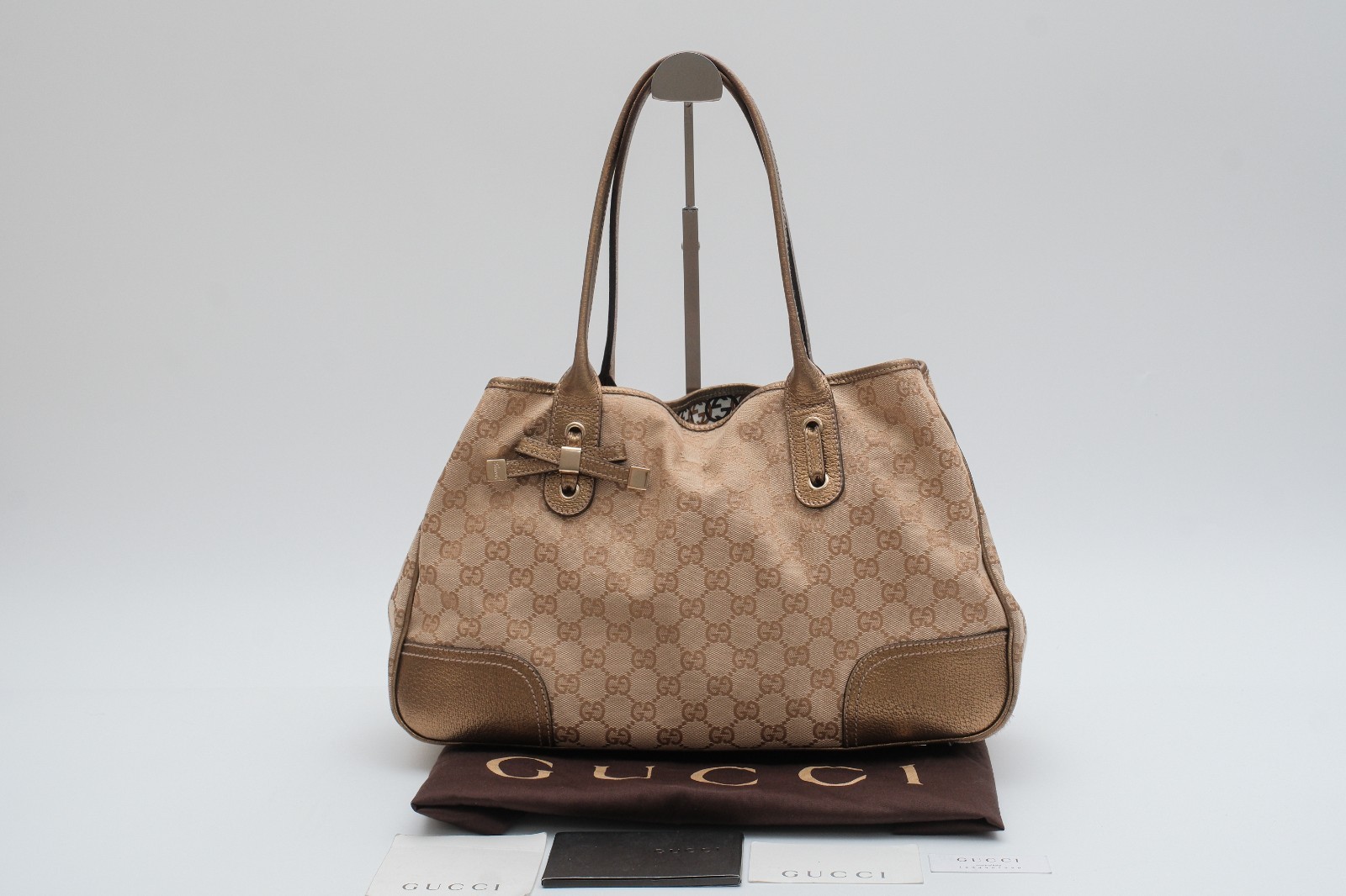 GUCCI Princy Tote Shoulder Hand Bag GG Canvas Gold