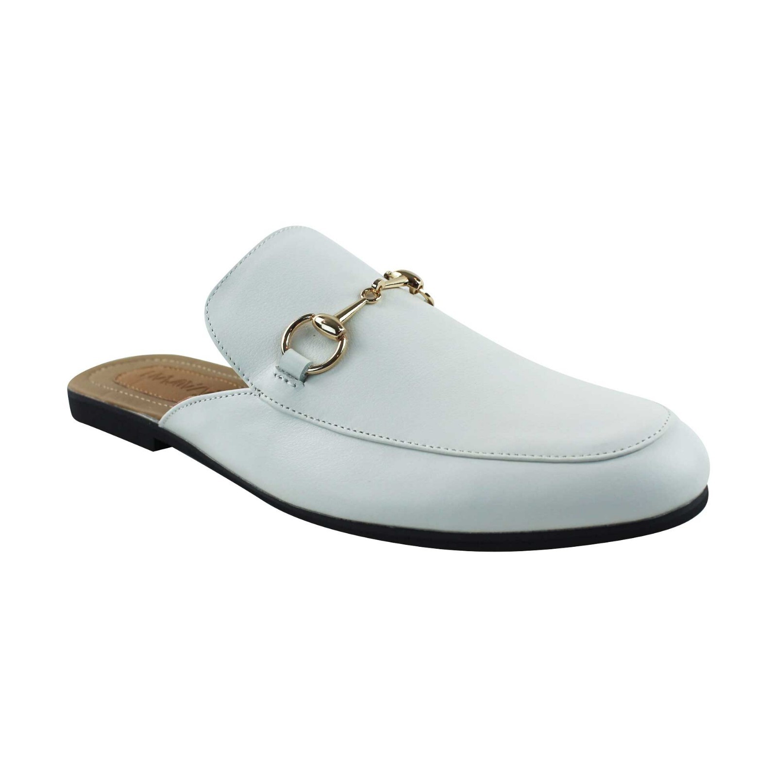 Men WHITE Real Leather Backless Slip On Mule Gold Buckle Loafers Shoes AZARMAN