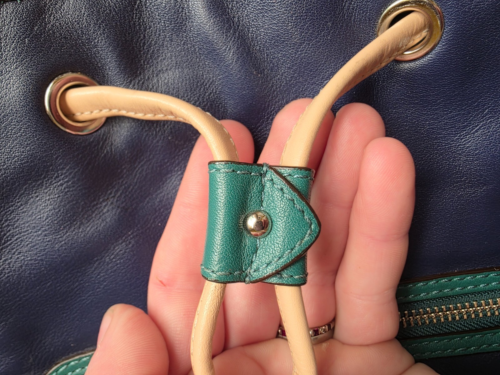 Coach Daisy Leather Drawstring Shoulder Bucket Bag Blue Green Tan Colorblock