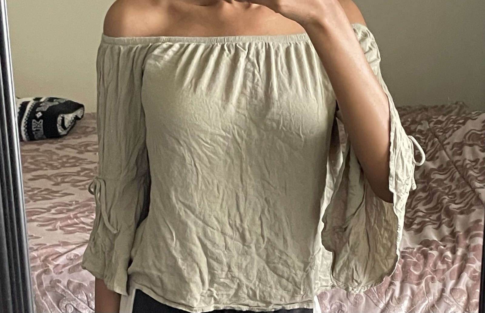 Ambiance Beige Off-Shoulder Bell Sleeve Tie Accent Blouse Womens S Regular