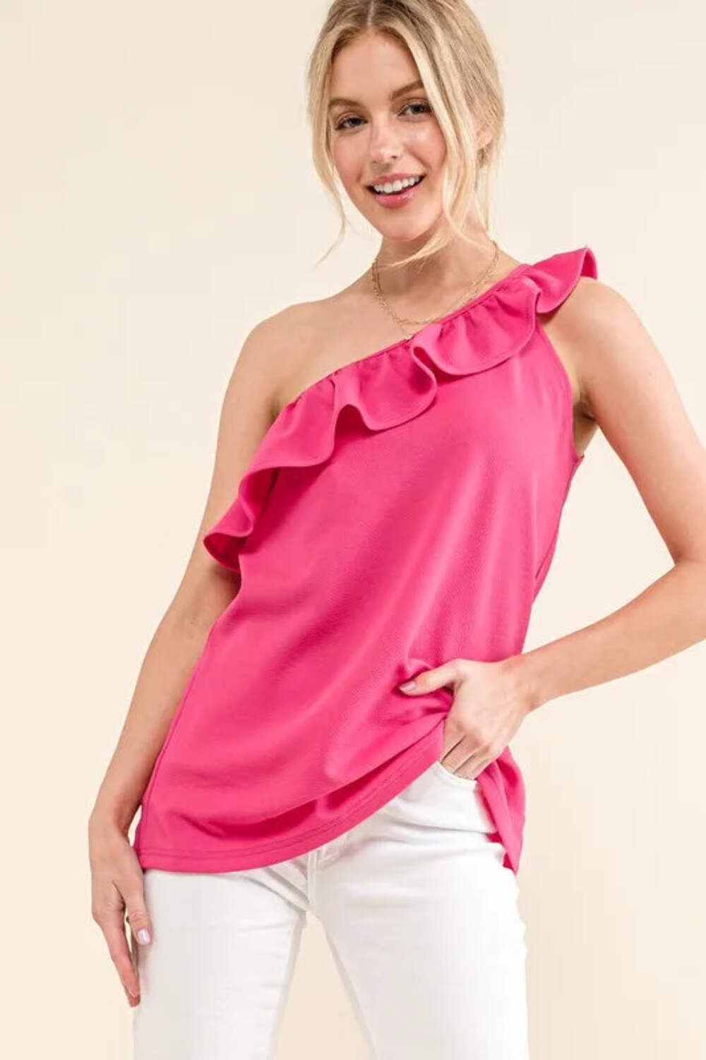 And The Why Hot Pink Ruffle One Shoulder Sleeveless Tank Top