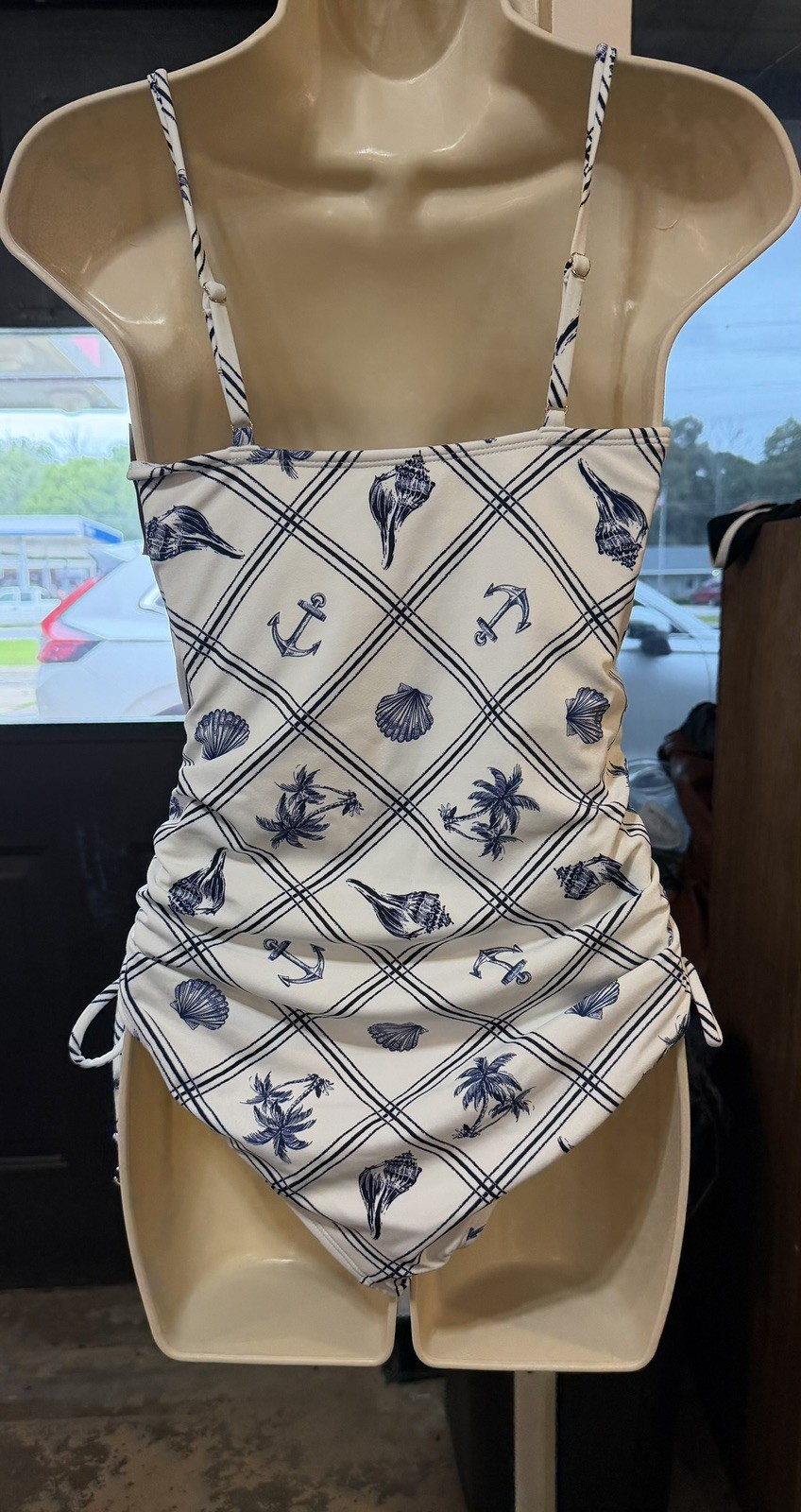 Women’s Shell Print Anchor Charm Medium Coverage Swimsuit Blue/White X-Small