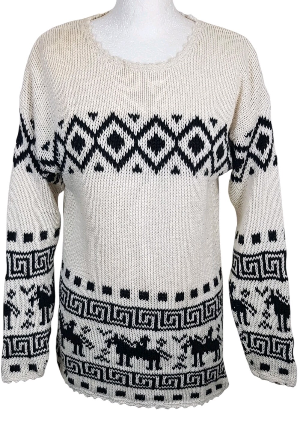 Chunky Knit Jumper M Cream Black Aztec Design Boho Hippie