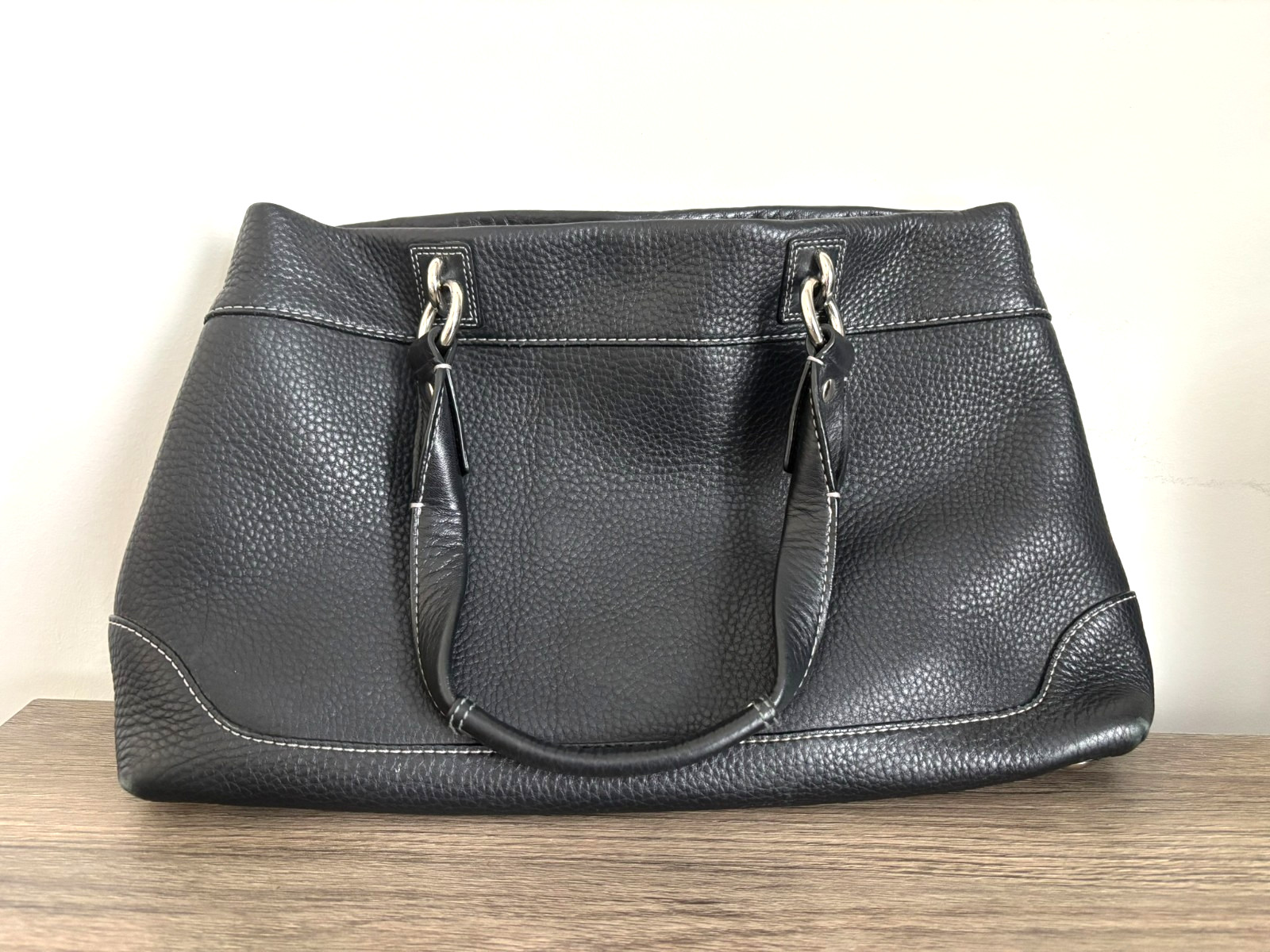 Coach Black Pebbled Leather Carryall Satchel Shoulder Bag Silver Hardware 14426