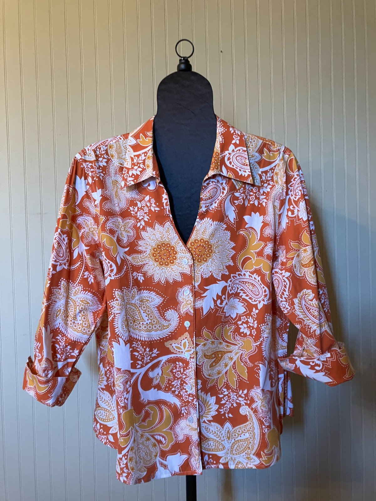 COLDWATER CREEK~Coastal Vibe Retro Paisley Floral~Cuff SLV~Resort Wear Blouse~XL