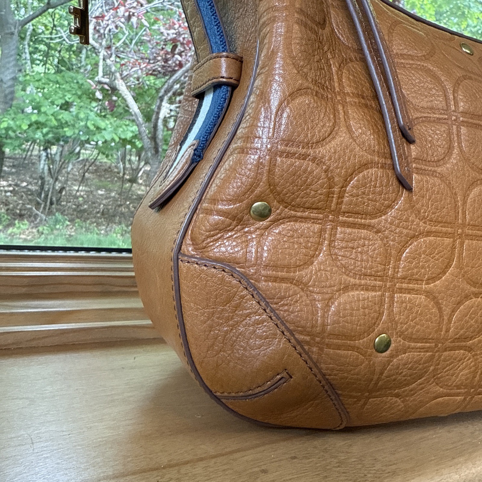 Fossil Hannah Signature Hobo Shoulder Bag Camel Tan Embossed Leather Brass
