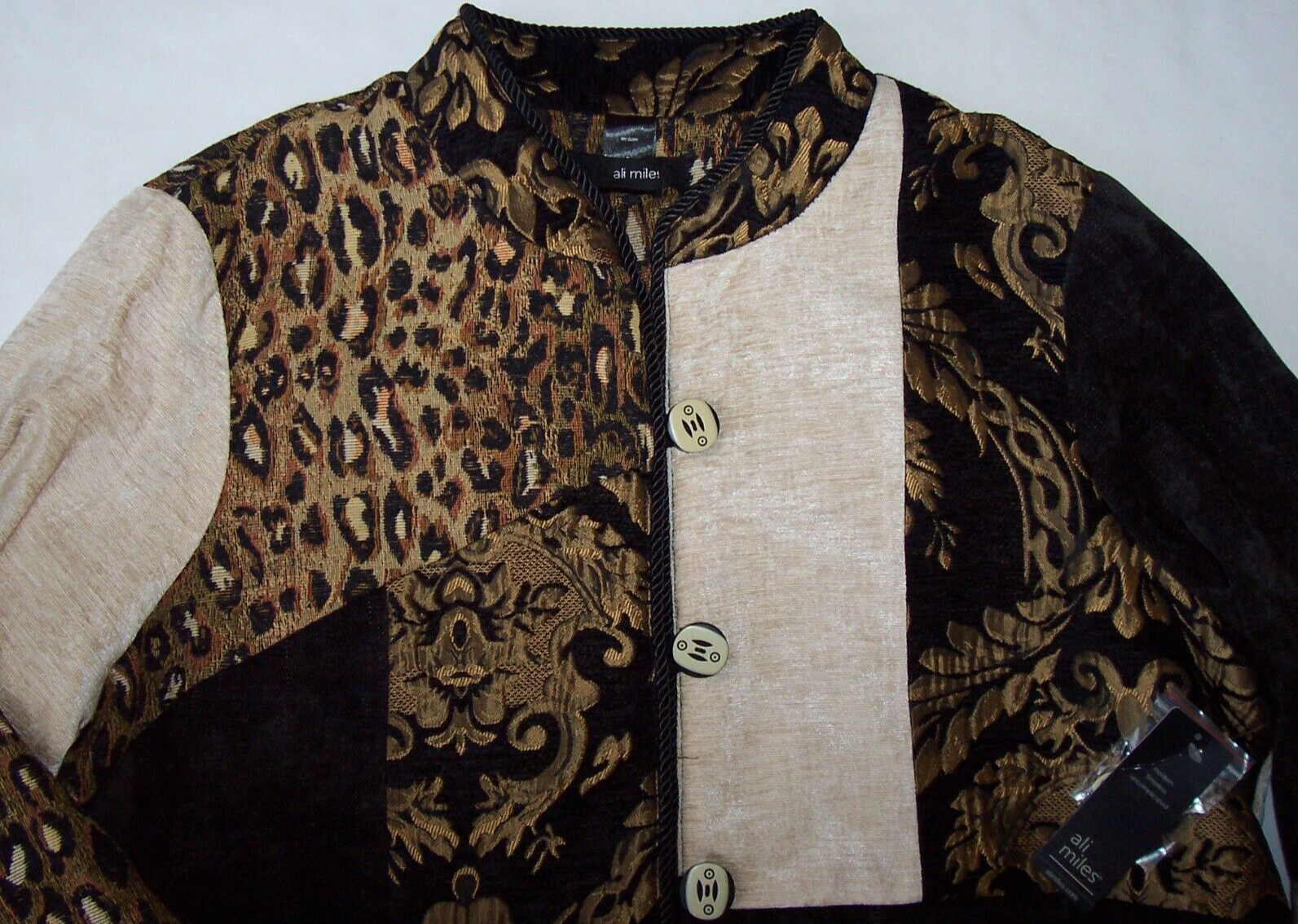 NWT Ali Miles Black/Brown/Beige MIXED TEXTURE Button Jacket L LEOPARD/Chenille