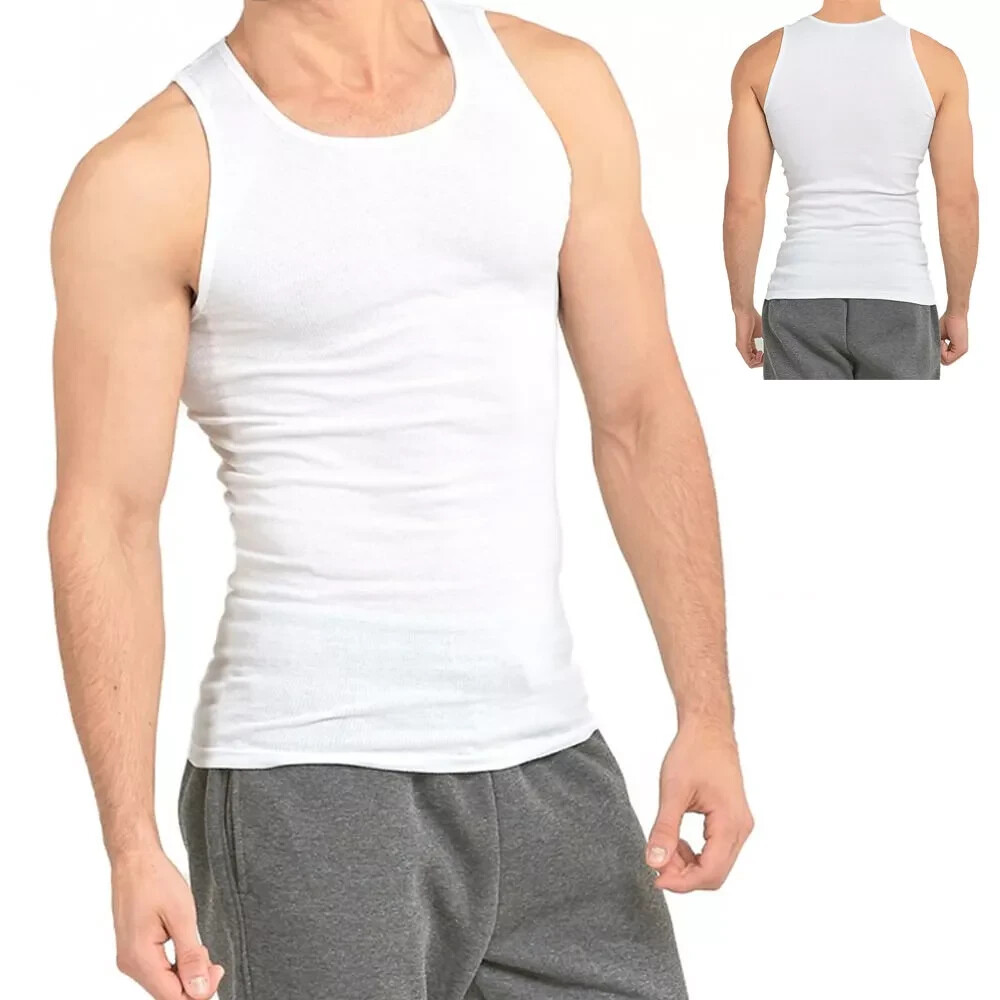 6-12 Pieces Men Tank Top 100%Cotton Ribbed White A-Shirt Wife Beater Undershirts