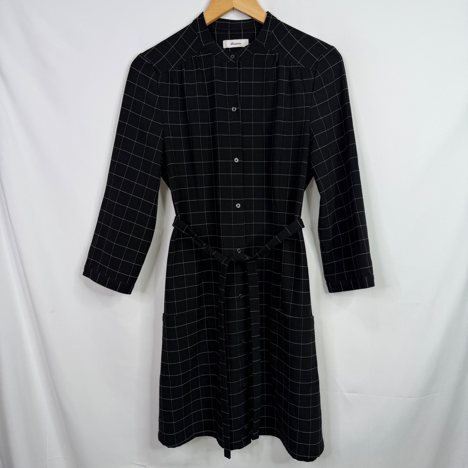 Dunderdon Ana Black Grid Windowpane Shirt Dress Tie Waist Pockets Size M