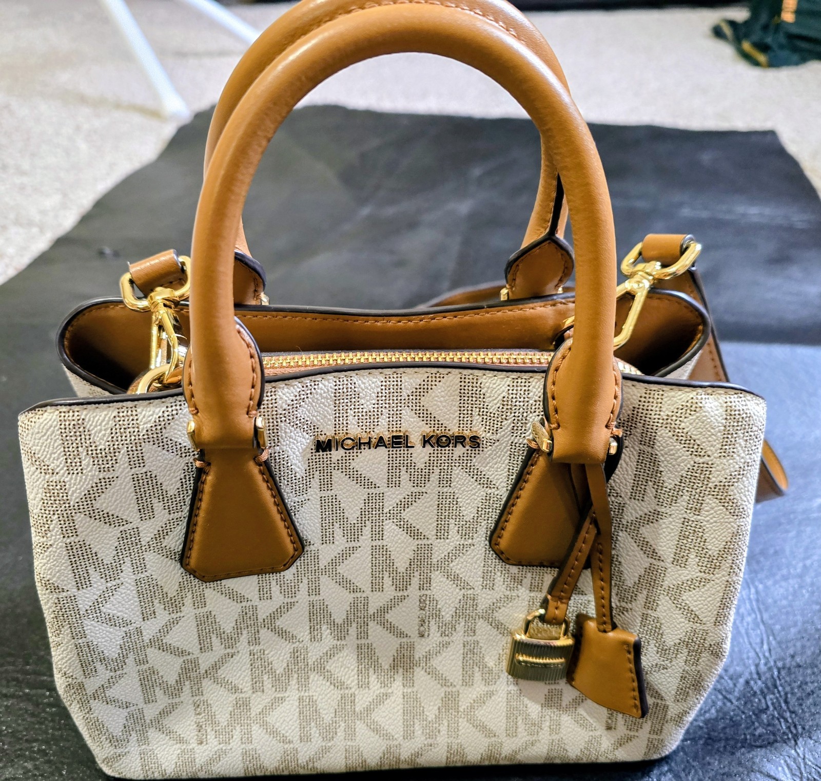 Michael Kors Monogram Small Satchel Top Handle Zip Detachable Strap Gold