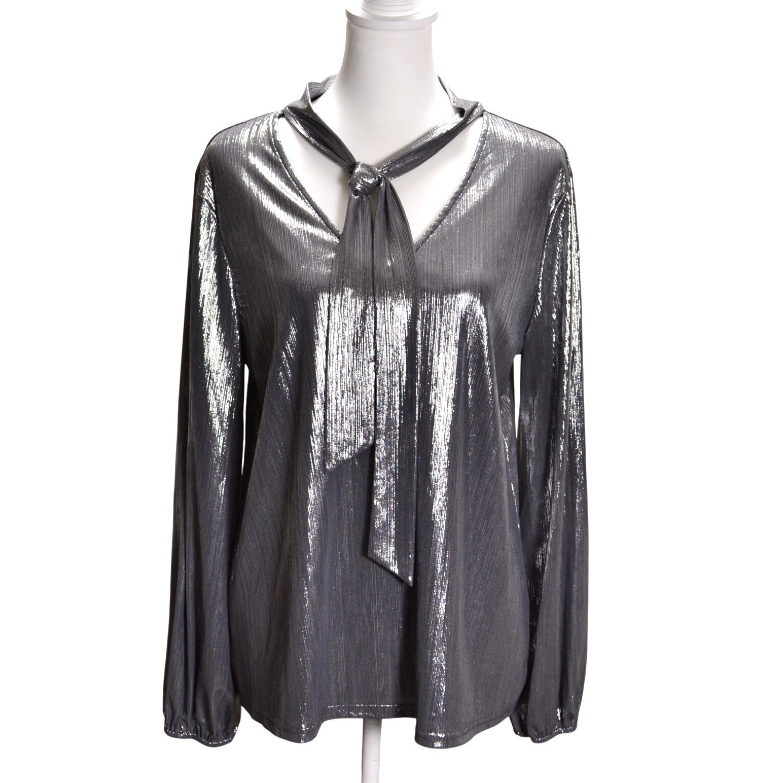 YOINS Metallic Silver Tie Neck Blouse Womens L Silver Excellent Shimmer Vintage