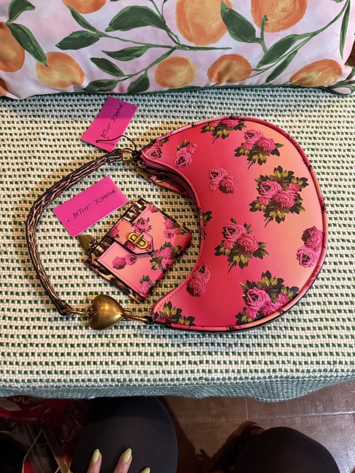 Betsey Johnson Pink Floral Crescent Shoulder Bag Zip Coin Purse