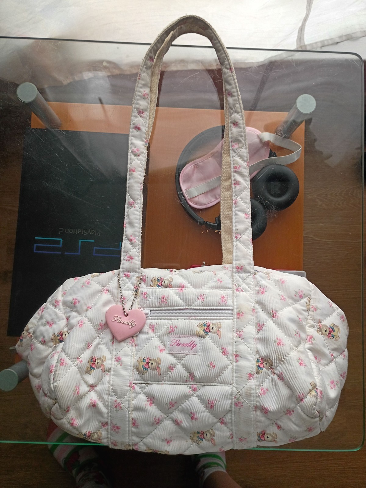 Sweetly White/Pink Quilted Bunny Floral Medium Tote Zip Closure Bag Charm
