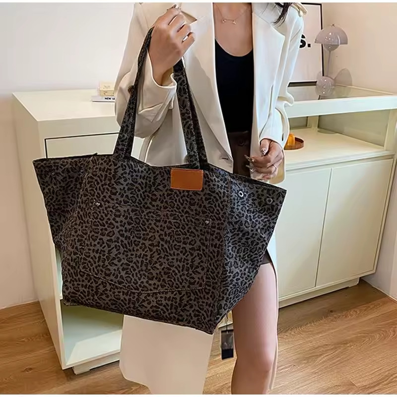 Vinatge Leopard Print Tote Bag Womens Large Canvas Shoulder Handbag Work Casual