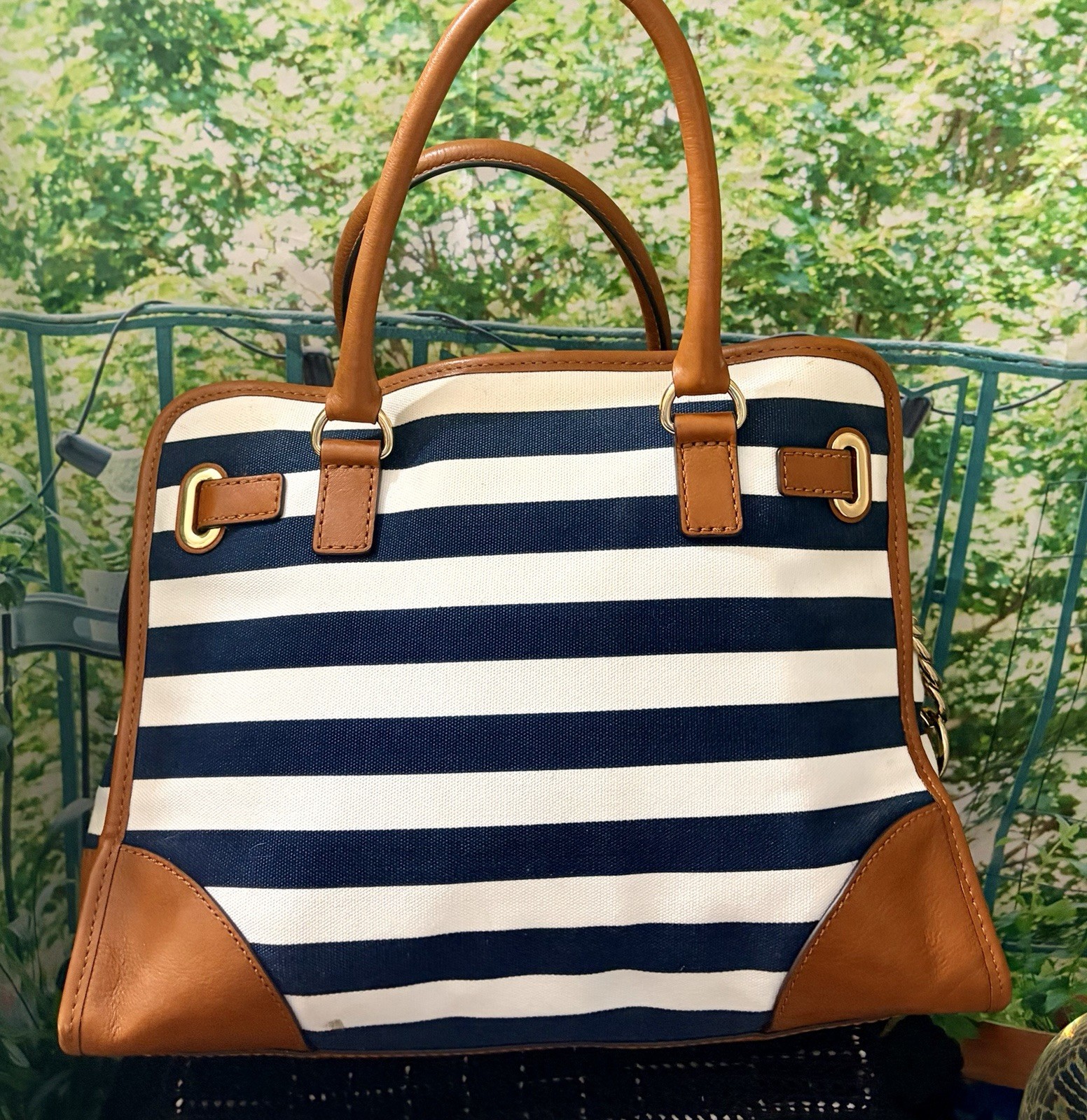 Michael Kors Hamilton Large Tote Satchel Striped Canvas Navy Blue White Leath
